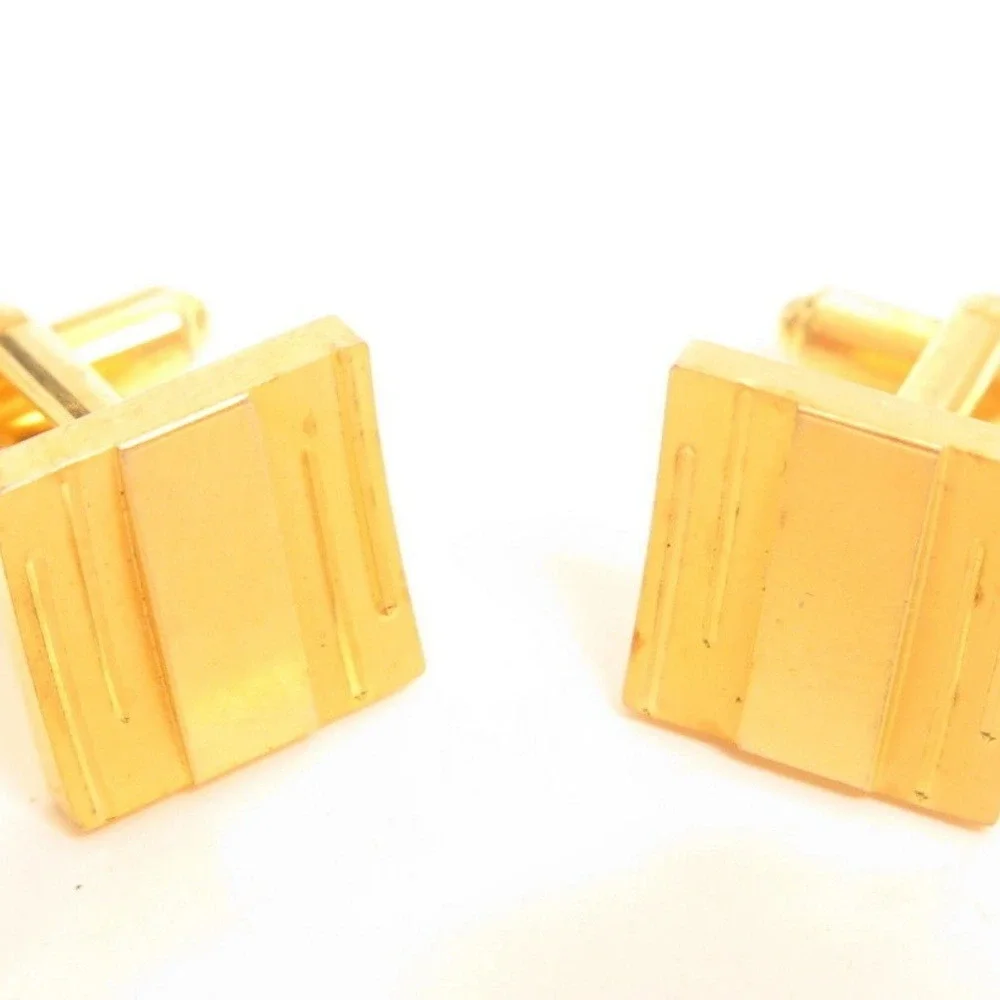 Vintage Gold Tone Square Geometric Linear Textured Bullet Back Cufflinks‎ Mens